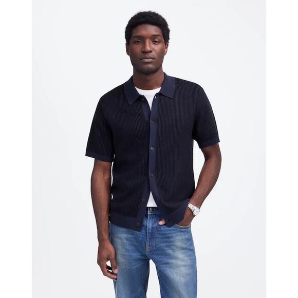 NWT Madewell Tuck-Stitch Button-Up Sweater Polo Navy Black Size Small - Picture 1 of 8